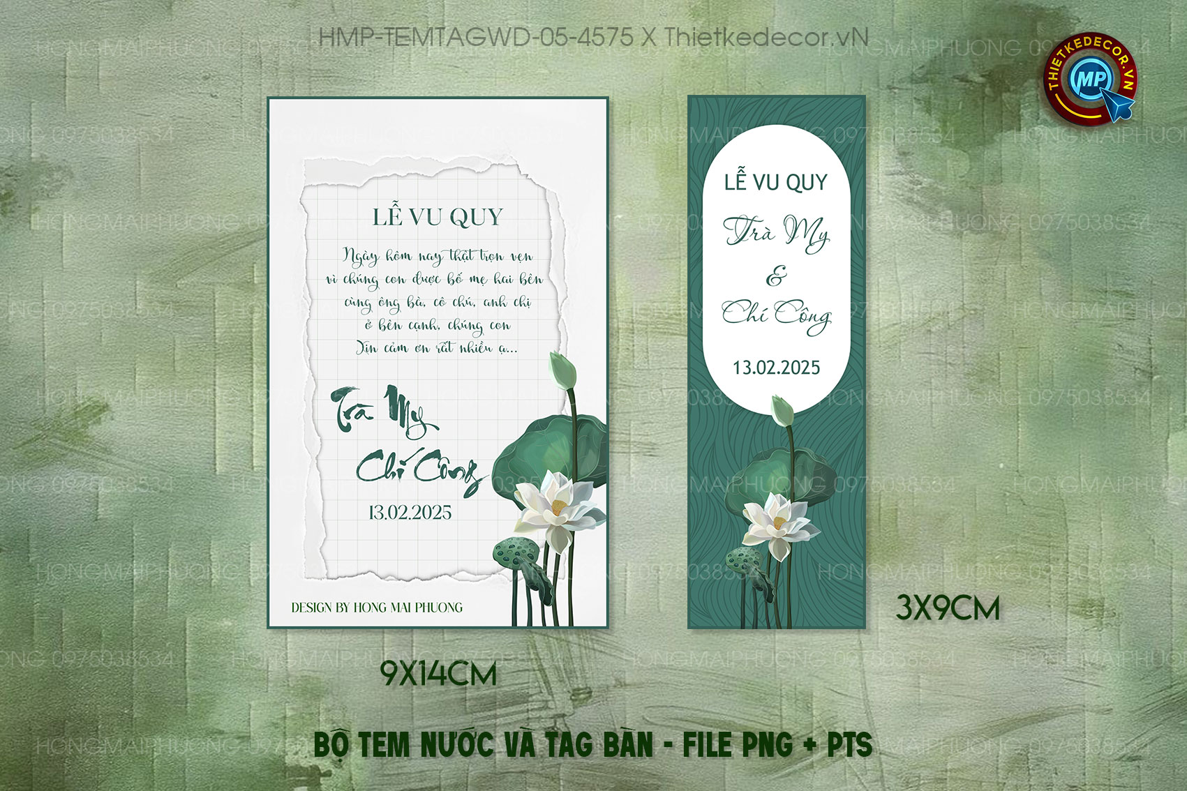 Bộ Tem nước tag bàn tone xanh lá Vintage họa tiết hoa sen